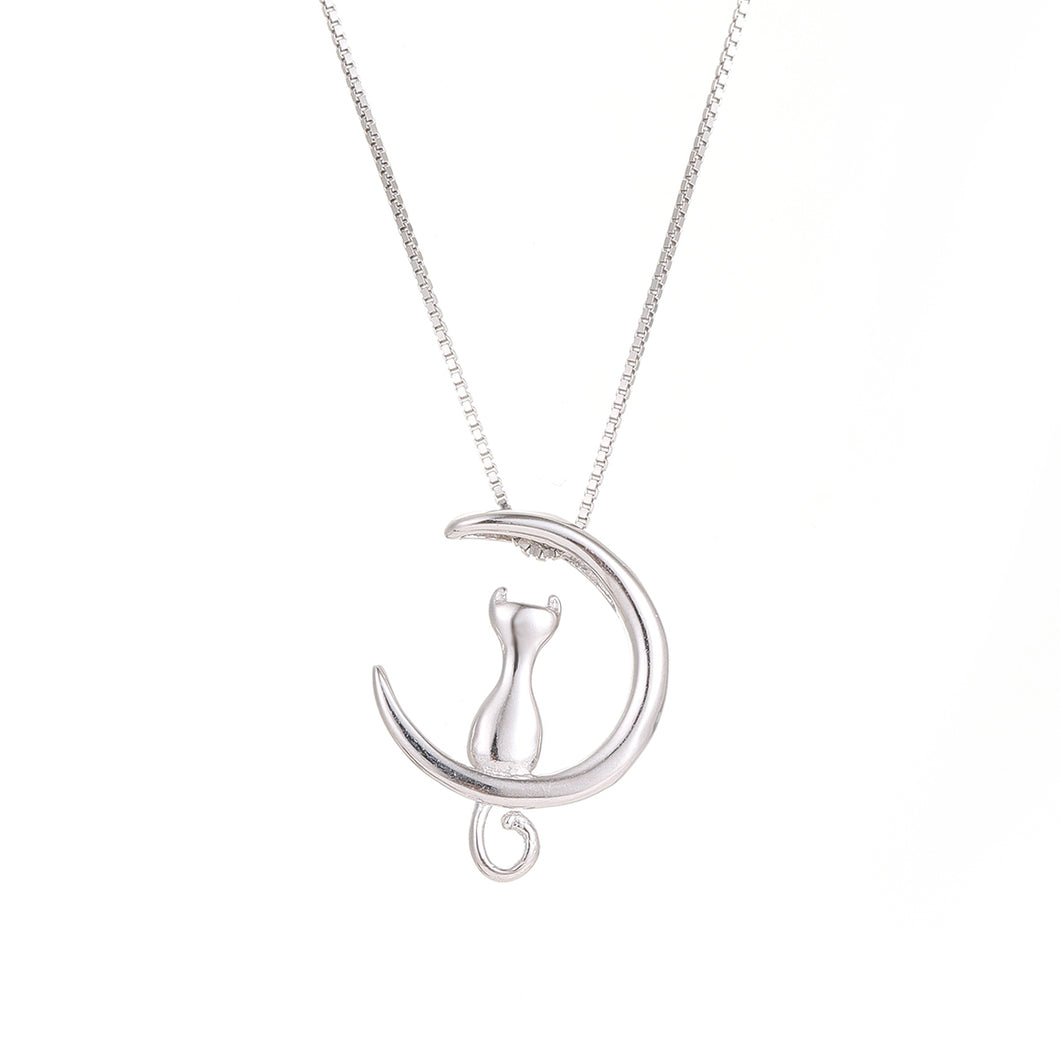 Cat & Moon Charm Silver Necklace