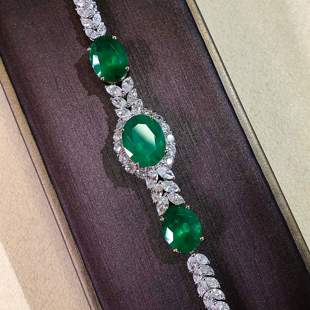 GRC Certified 12.319ctw Natural Emerald & Diamond Bracelet 18K White Gold