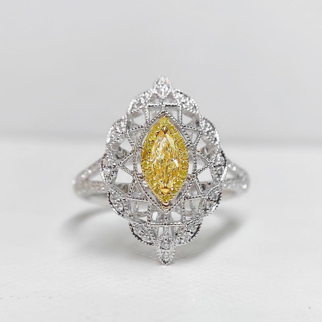 0.437ctw Certified Natural Yellow Diamond Ring 18K White Gold
