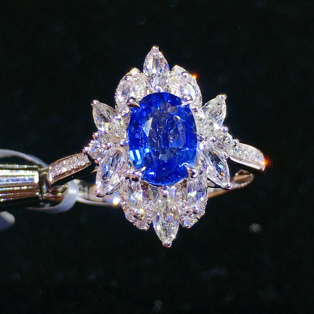 GIS Certified 1.240ctw Unheated Sapphire & Diamond Ring 18K White Gold