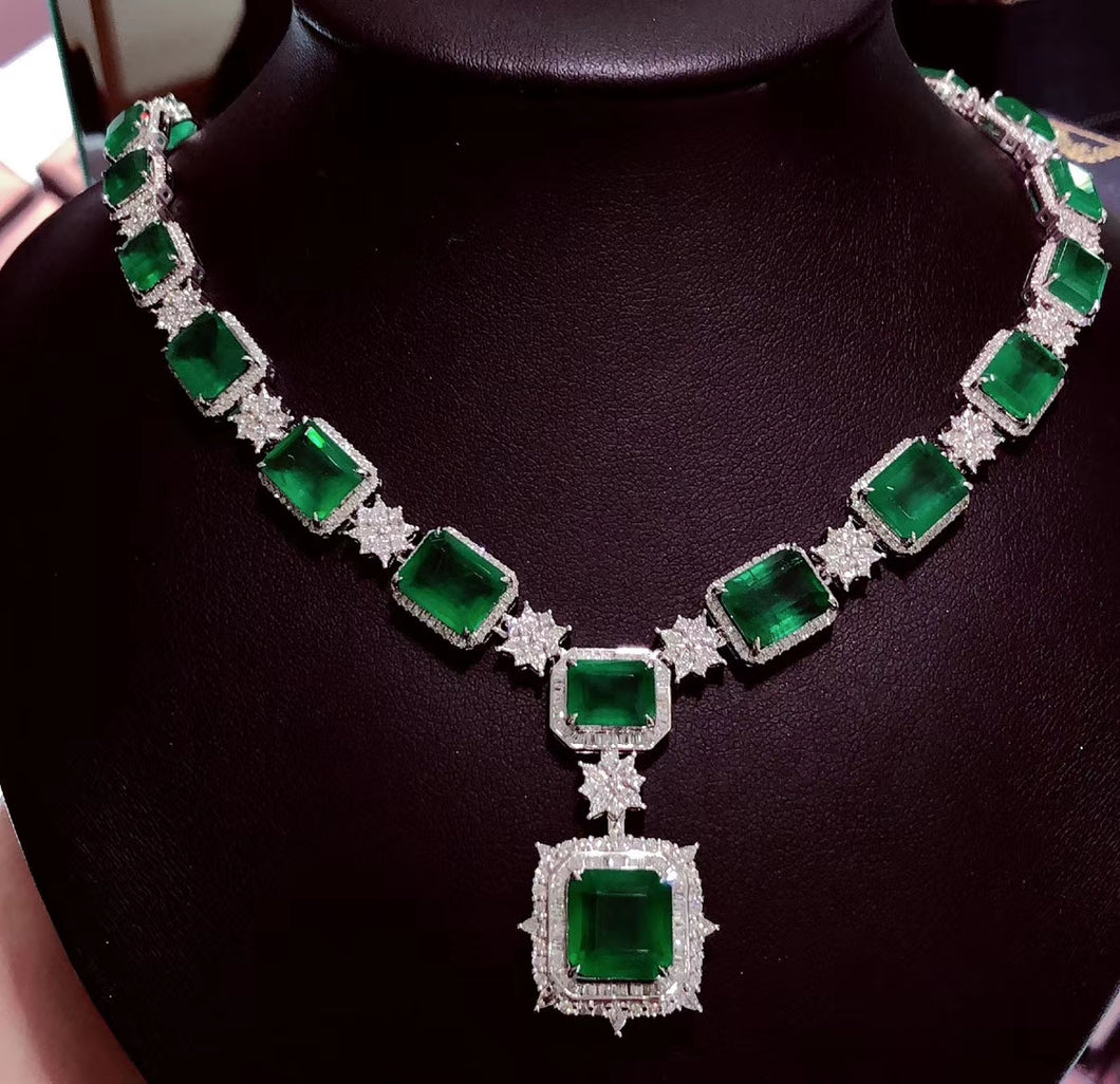 45.30ctw CertifiedNatural Emerald & Diamond Necklace 18K White Gold