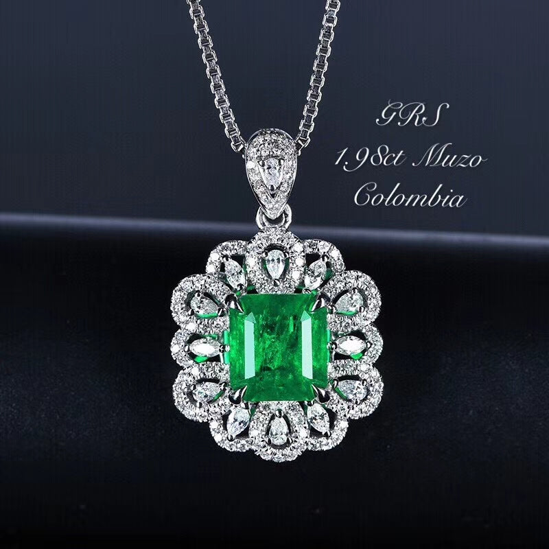 GRS Certified 2.76ctw Natural Emerald & Diamond Pendant 18K White Gold
