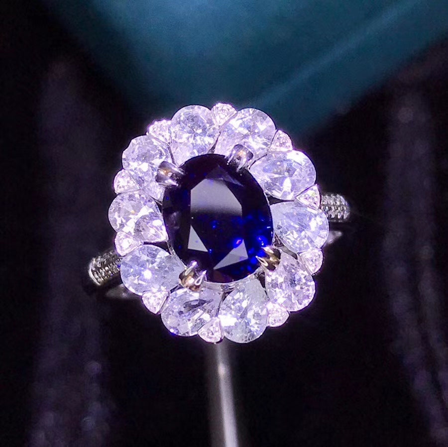 2.65ct Certified Sri Lanka Natural Royal Blue Sapphire & Diamond Ring 18K White Gold
