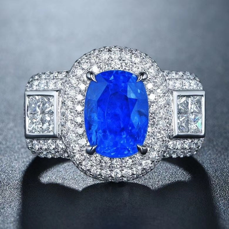 5.86ctw Certified Natural Sapphire & Diamond Ring 18K White Gold